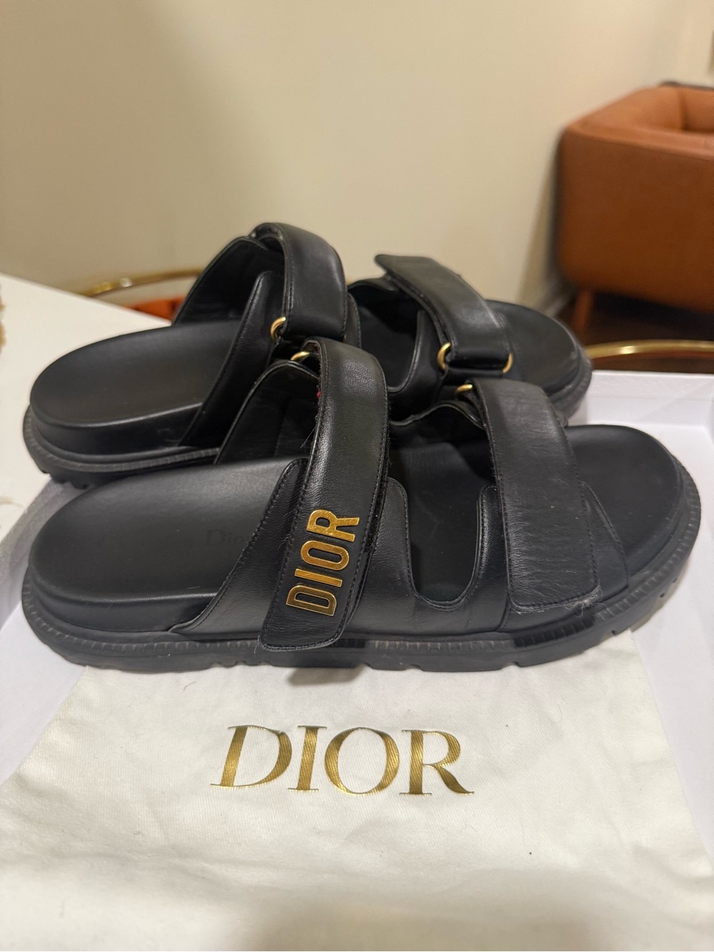Christian Dior Dioract Black Lambskin Sandals Gold Logo Size 40